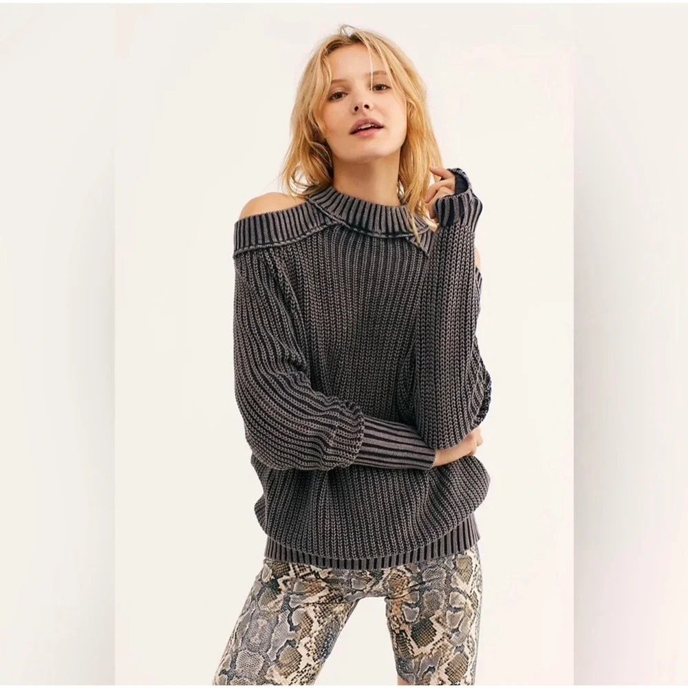 Free People Half‎ Moon Bay Pullover Knit Sweater Cold Off The Shoulder